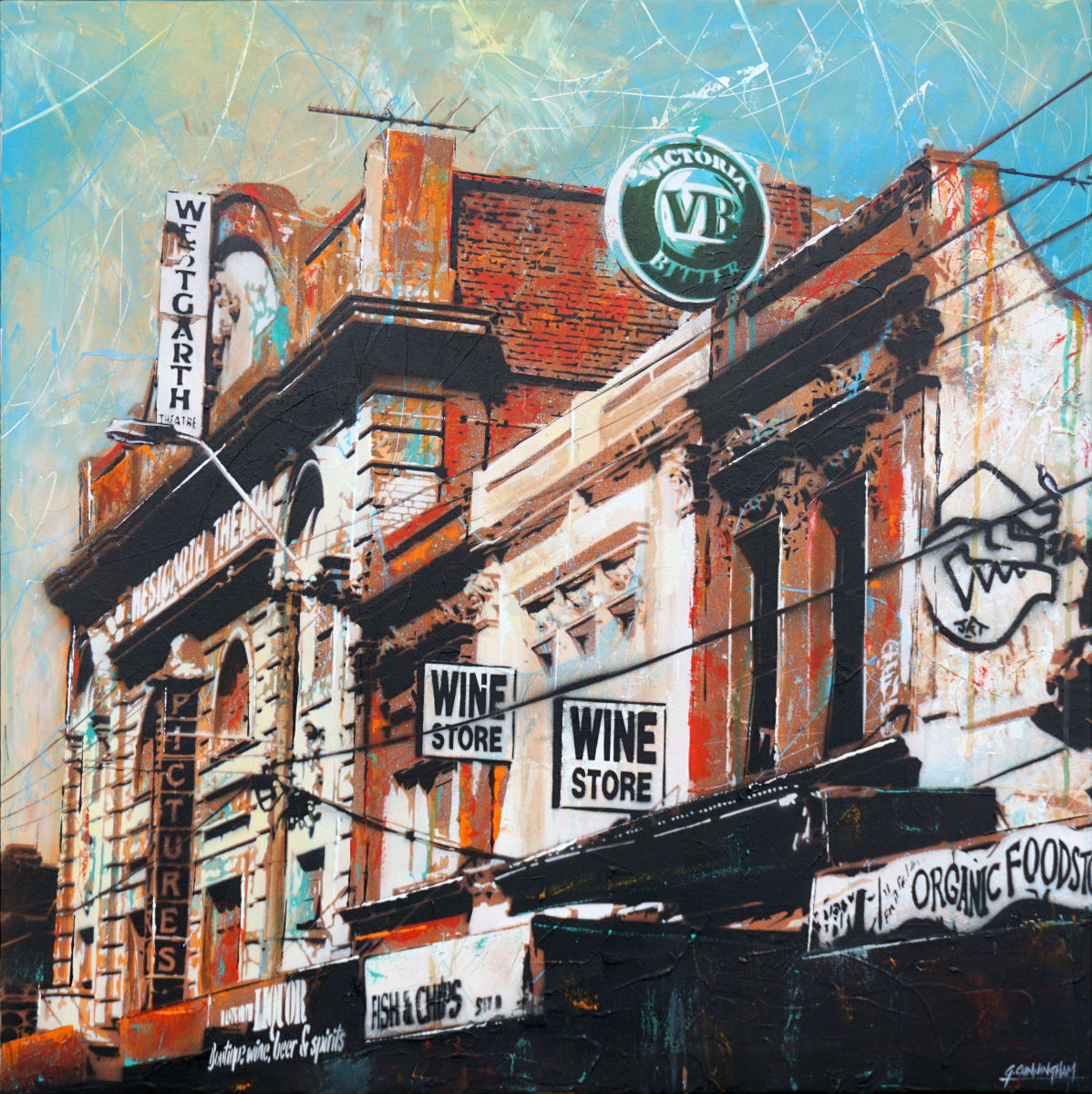 The Westgarth by Geoff Cunningham  Image: I was crossing the road to go shopping at the organic food store in the foreground, when I took the photo for this painting. I love the dilapidated feel of the buildings, but was amused by the collection of shops - fish & chips for dinner, washed down with a beer or glass of wine, and then onto the cinema next door - everything you need for a great night out!