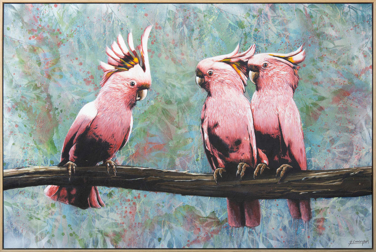 Three's A Crowd by Geoff Cunningham  Image: Sometimes I need a change from doing streetscapes, so I turn to my secret love of birds. They are fun to paint, especially Australian cockatoos as they have so much personality! This are Major Mitchell cockatoos, which have sadly been recently added to the endangered species ist.