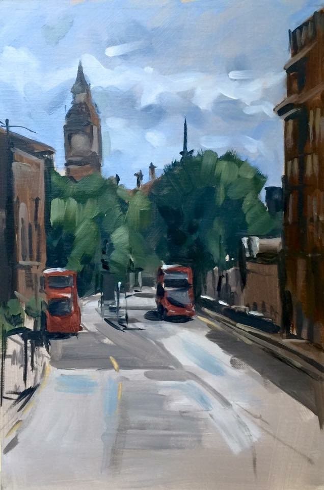 Whitehall buses, plein air study by Andrew Hird RSMA, Image 1.