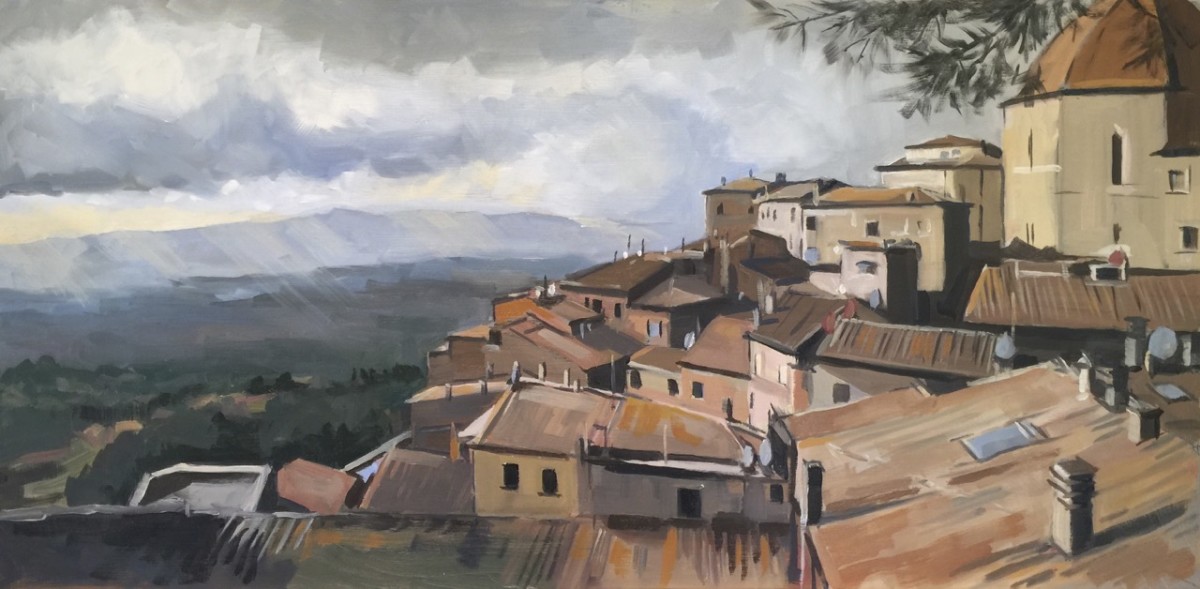 Volterra rooftops looking towards Monte Casini, showers brewing by Andrew Hird 