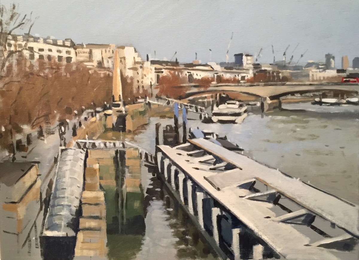 Embankment Pier and Waterloo Bridge, winter sun by Andrew Hird ARSMA 