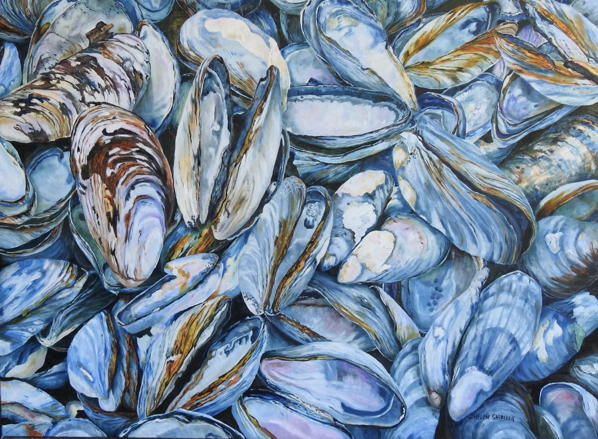 Maritime Blues by Helen Shideler  Image: Mussel Shell painting by Helen Shidelerp