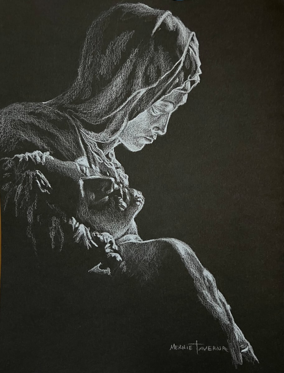 Mary & Jesus Pieta by Merrie Taverna  Image: Mary holding the body of Christ, drawn from Michelangelo’s Pieta