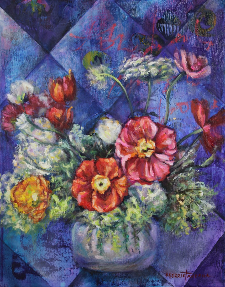 Floral on Blue 1 by Merrie Taverna 