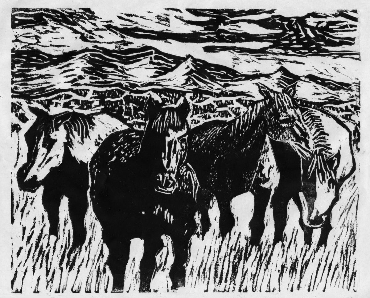 4 Mustangs by Alan Powell  Image: LinoCut of wild mustangs , Toole, Utah