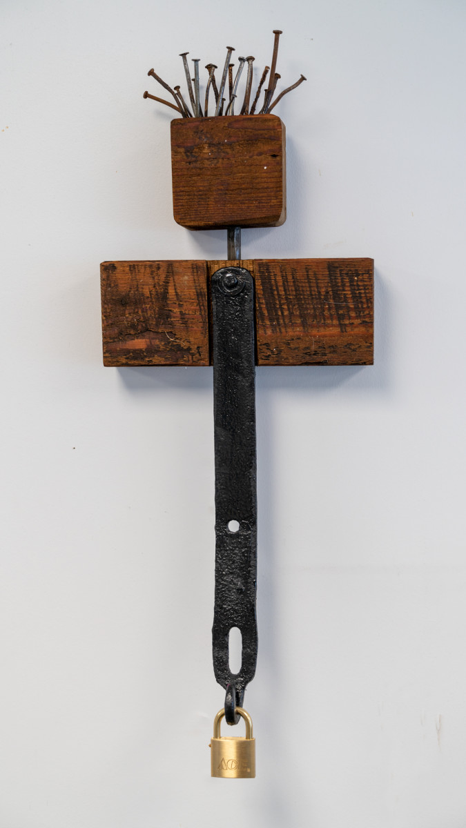 Daddy's Chastity Belt by Alan Powell  Image: 
Twice in my life I have experienced a bird of prey flying over my yard and dropping a pecked out golf ball. I realized the bird of prey had been flying over a golf course and mistook a golfball as an egg. In 2016 A bald eagle dropped this golf ball into my yard in Fleischmanns, New York. During the following year I was involved in a number of projects involving nature, The first was the collecting of objects from nature that represented life, death, and re-birth. I was collecting rotting logs, skulls, bird nests, and broken roots that resembled snakes. I was using 3-d scanning and printing to re-create nature in a very exact way. During the summer of 2017 I took a gold leafing workshop with Laura Sue King at the Painter’s gallery in Flieschmanns, NY. It was through the process of applying gold leaf to an object I could make ay object appear precious and culturally valuable. I goal was to make my audience look at ordinary objects from nature that were in the process of decay and make the object and the process valuable. Decay eventually leads to rebirth and new growth. As a culture facing an environmental crisis we must embrace waste and decay and an important step to environment rebirth.