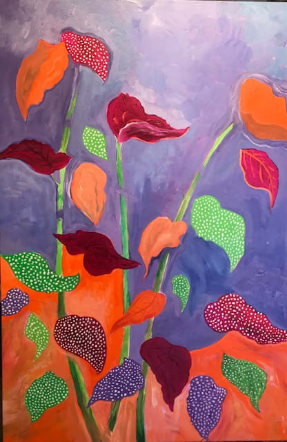 Angel Wing Begonia Romances Orange and Violet by Cheryl Renee Long  Image: Big, bold and beautiful, fantastic in a garden room. Oranges and muted violets, an exciting painting.
24 x 36 it makes a statement, elegant and contemporary. 
