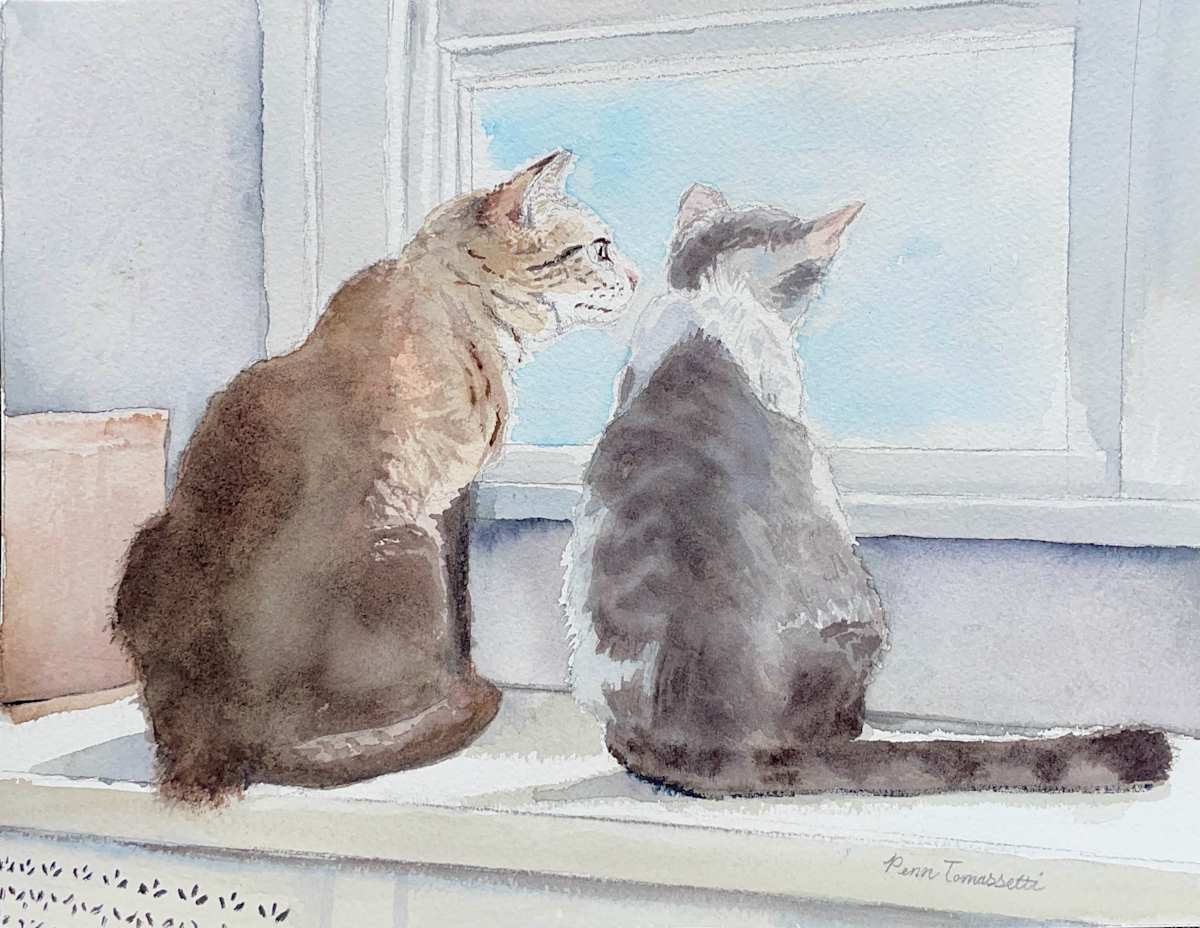 Cats Looking Out The Window by Penn Tomassetti  Image: Cats Looking Out The Window. Watercolor pet portrait painting on Arches Rough Paper. 