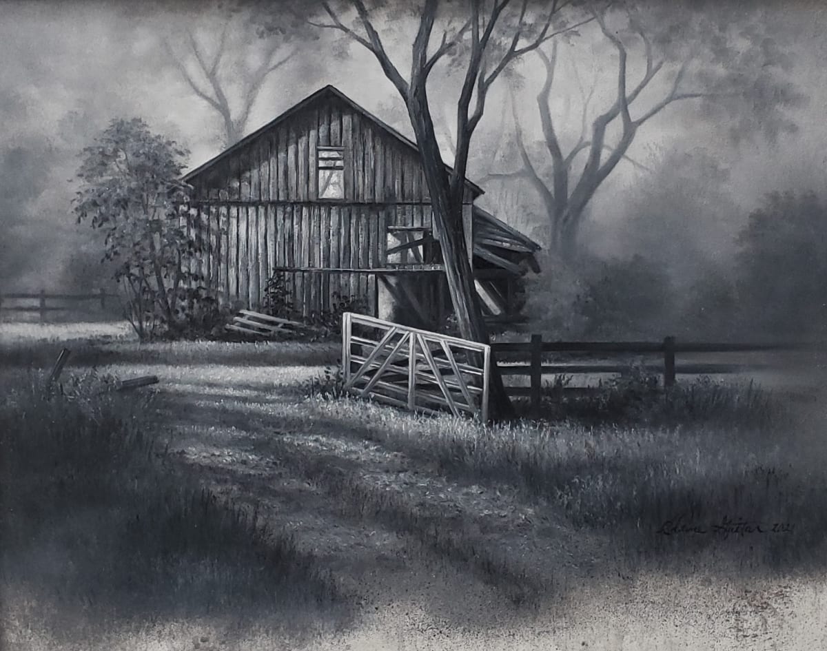 "Framed in the Past" by Elaine Guitar   Image: This beautiful 100 year old family barn is in a fragile state. This is an Ivory Black and Titanium White oil èn plein air painting. These wooden structures are slowly disappearing from our landscape. 