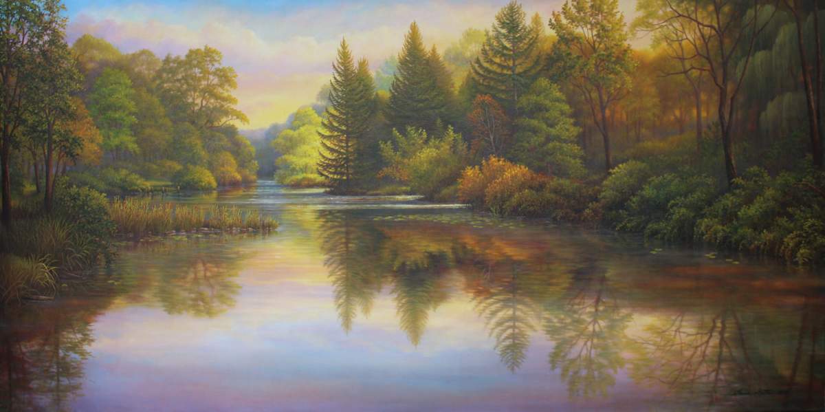 Golden Hour (Old Ausable Canal) by Elaine Guitar  Image: "Golden Hour," a panoramic depiction of the Old Ausable Channel, aims to transport the viewer to another realm.