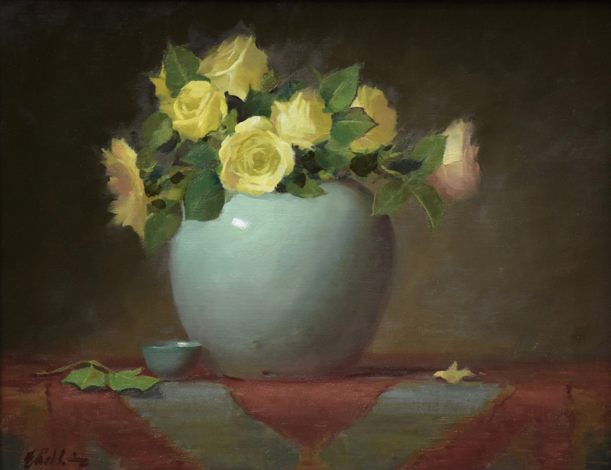 Celadon and White Roses by Elizabeth Robbins 