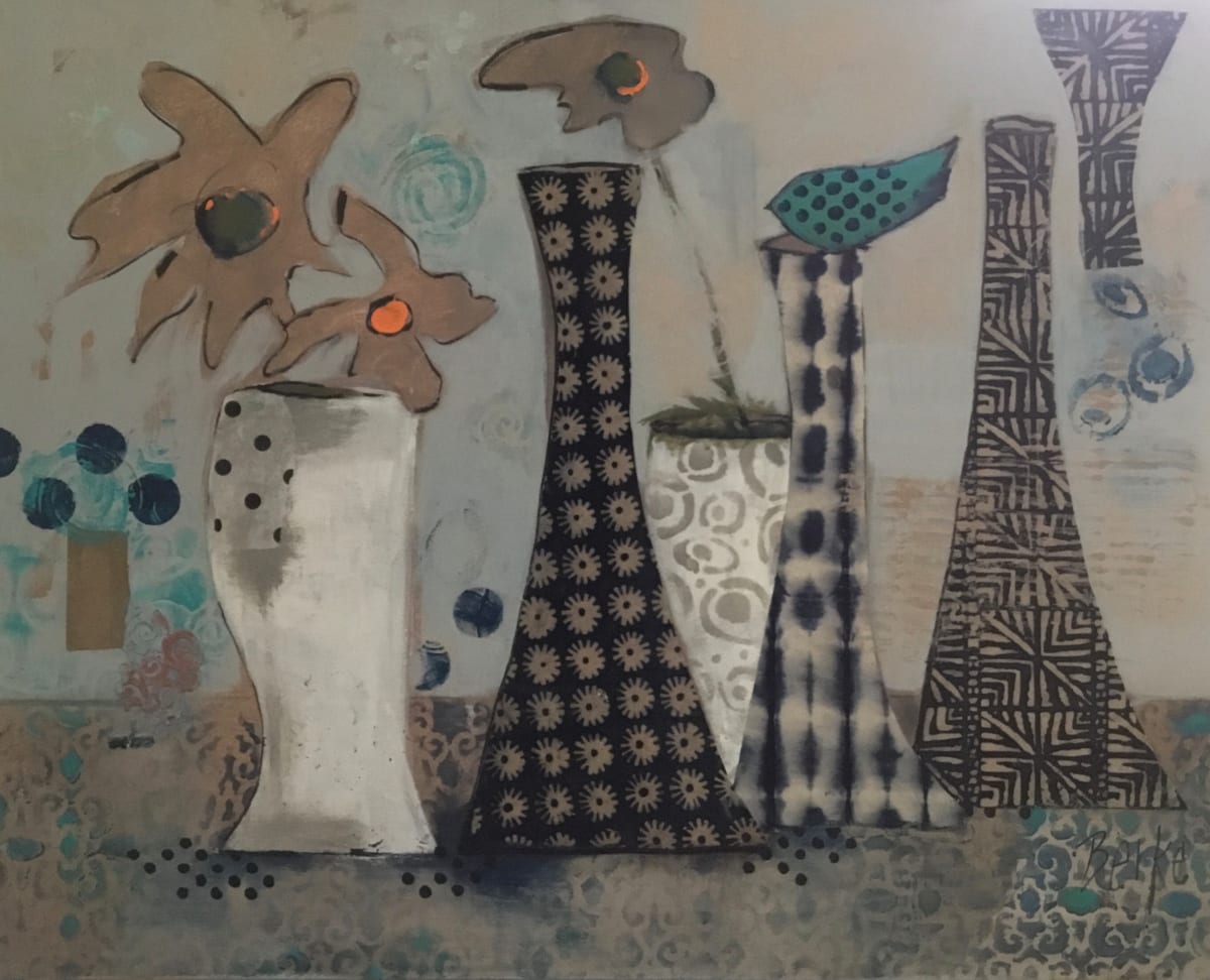 Bird, Flowers, Vases Oh My! by jane berke  Image: Mixed Media Still Life