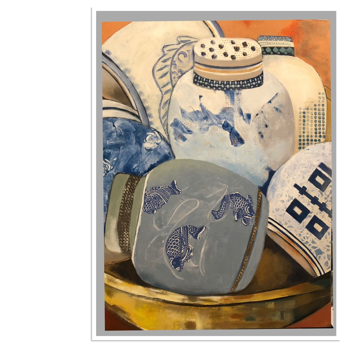 Golden Bowl with Jars by jane berke  Image: Blue and White jars in golden bowl