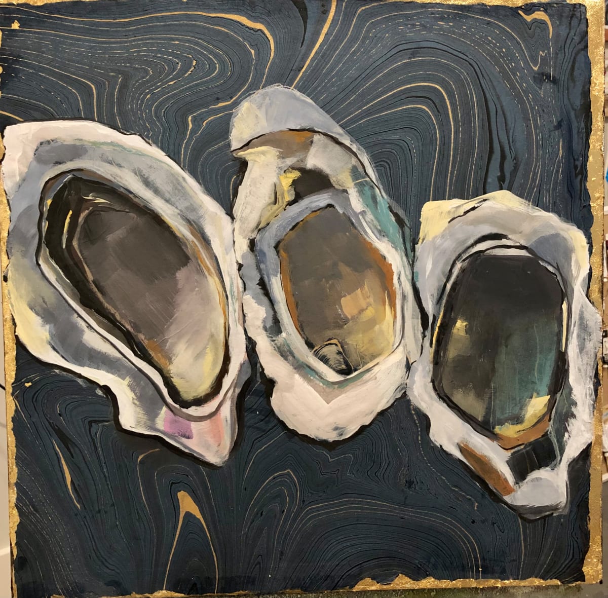 Oysters  Image: Oysters painted on archival paper and edged in gold leaf.
