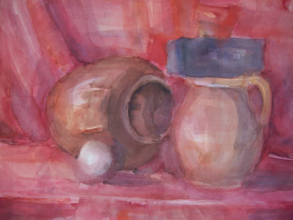 Watercolor Still Life in red with a white ball by Gallina Todorova 