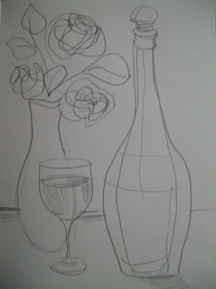 Wine glass and bottle with a roses vase by Gallina Todorova 