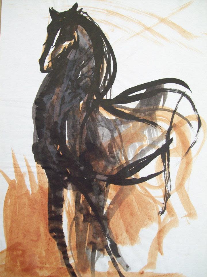 Black horse with brown grass by Gallina Todorova 