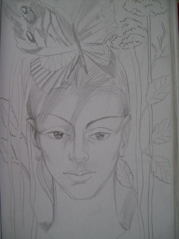 Girl with butterfly and stems of flowers by Gallina Todorova 