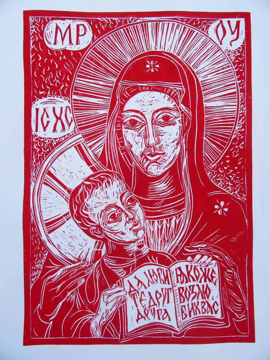 Holy Mother Linocut in red by Gallina Todorova 