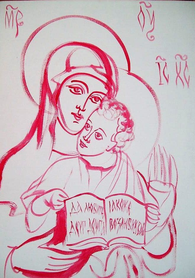 Holy Mother of God in white and rose red by Galina Todorova 