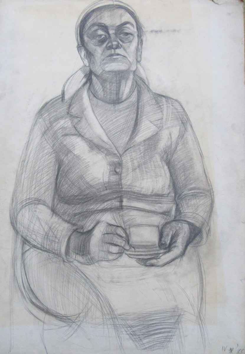 Elderly woman, sitting with a cup in her hands by Gallina Todorova 