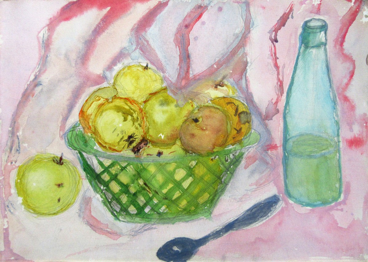 Still Life with yellow apples and pink drapery by Gallina Todorova 