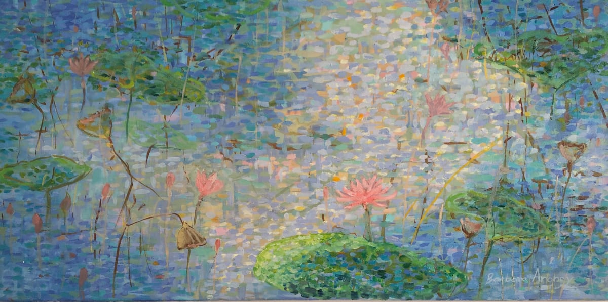 Morning Lilies by Barbara Aroney  Image: Morning Lilies Oil on canvas. 91.2X45.2cm