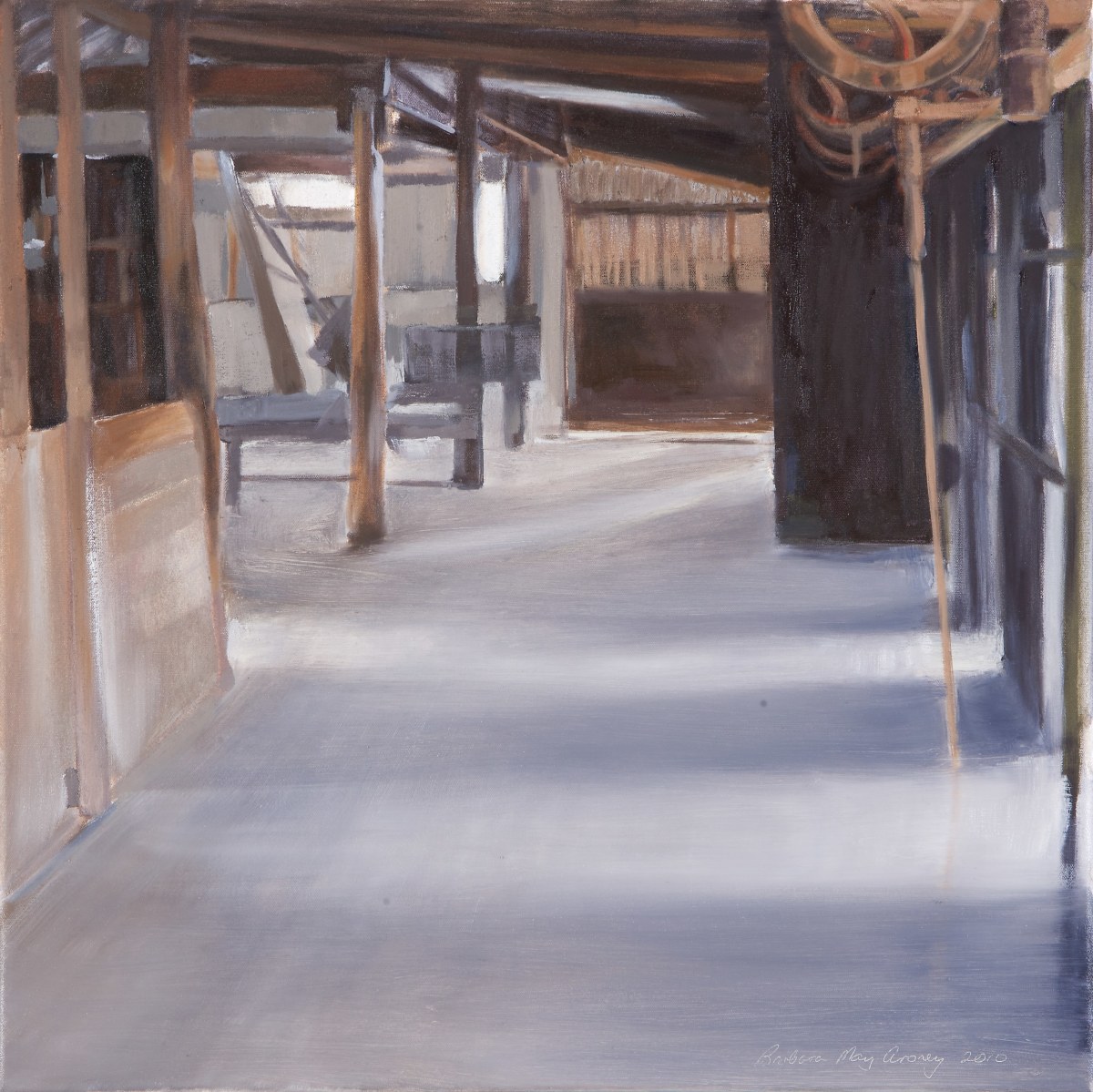 Kinchega Woolshed Interior by Barbara Aroney  Image: Kinchega Woolshed Interior Oil on canvas 50x50