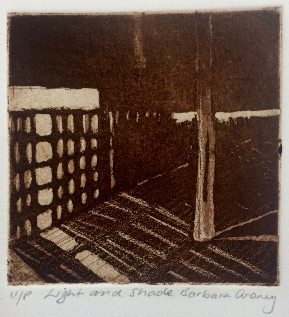 Light and Shade 1/3 by Barbara Aroney  Image: Light and Shade, etching, 10x10cm sepia