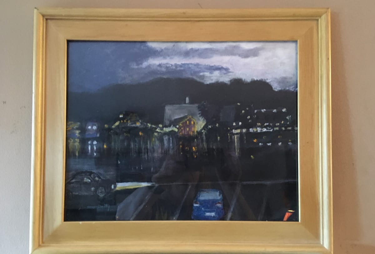 New Hope At Night by Susan Daily  Image: Framed rendition of New Hope PA seen from Lambertville, NJ, featuring the Bucks County Playhouse.  Done partially in site and finished in the studio using pastels.