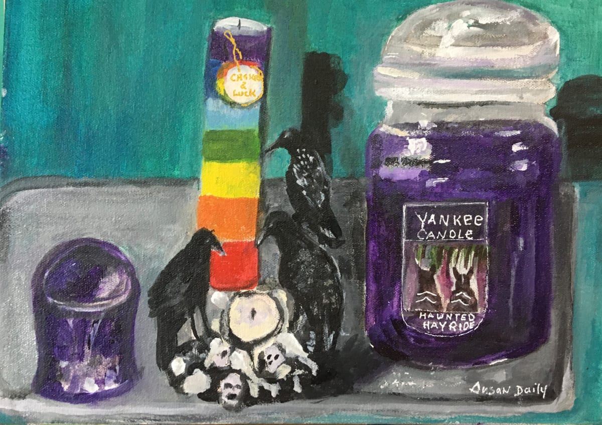 Memento Mori  Image: An updated and colorful revisit of the classic still life, featuring candles, good karma chakra colors, ravens, purple and Yankee Candle "Haunted Hayride" tableau.