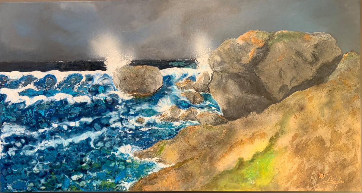 Elemental Crescendo - The Dance of the Waves by Louise S Beaulieu  Image: The Atlantic Ocean's formidable waves unleash their energy upon the rugged shores of Barbados, embodying the island's dynamic and untamed spirit.