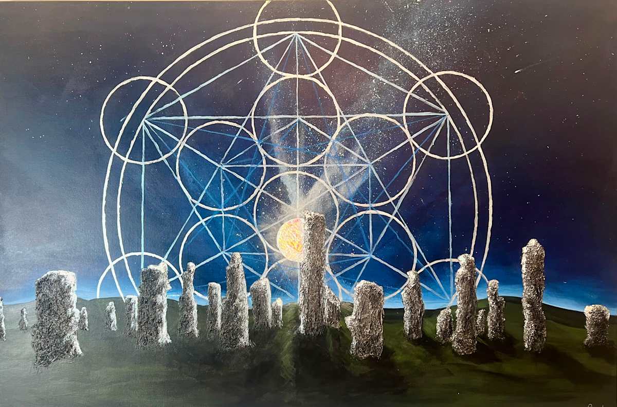 Solstice Portal by Louise S Beaulieu  Image: Calanais Standing Stones Solstice June 21/2025. Isle of Lewis Scotland.   A Portal opens as the Moon is at a standstill walking through the stone circle.  Metatron cube sacred geometry illuminates a portal.