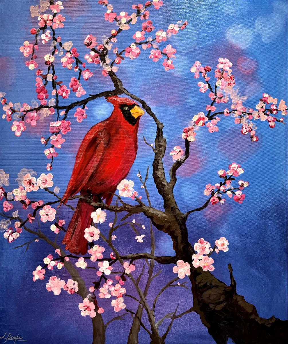 THE VISIT by Louise S Beaulieu  Image: Cardinal visit in Spring's cherry blossom