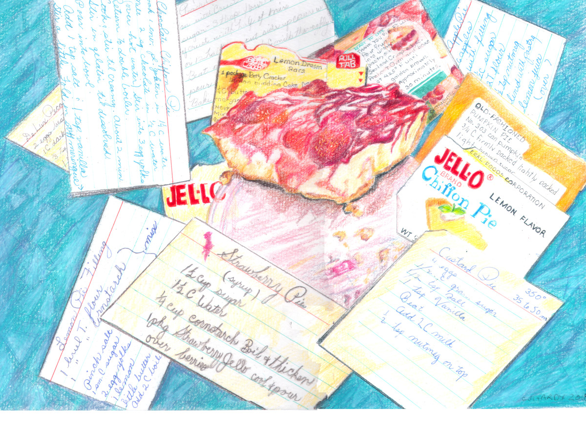 "Cheesecake with Recipes on Formica Table" by Candace Hardy 