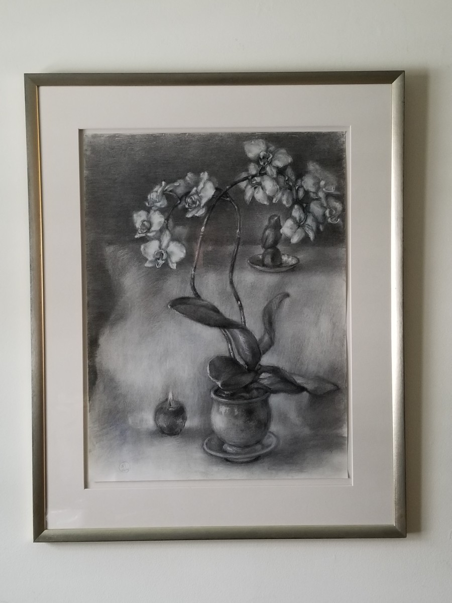 Orchid with Sparrow and Apple by Nancy Jaramillo 