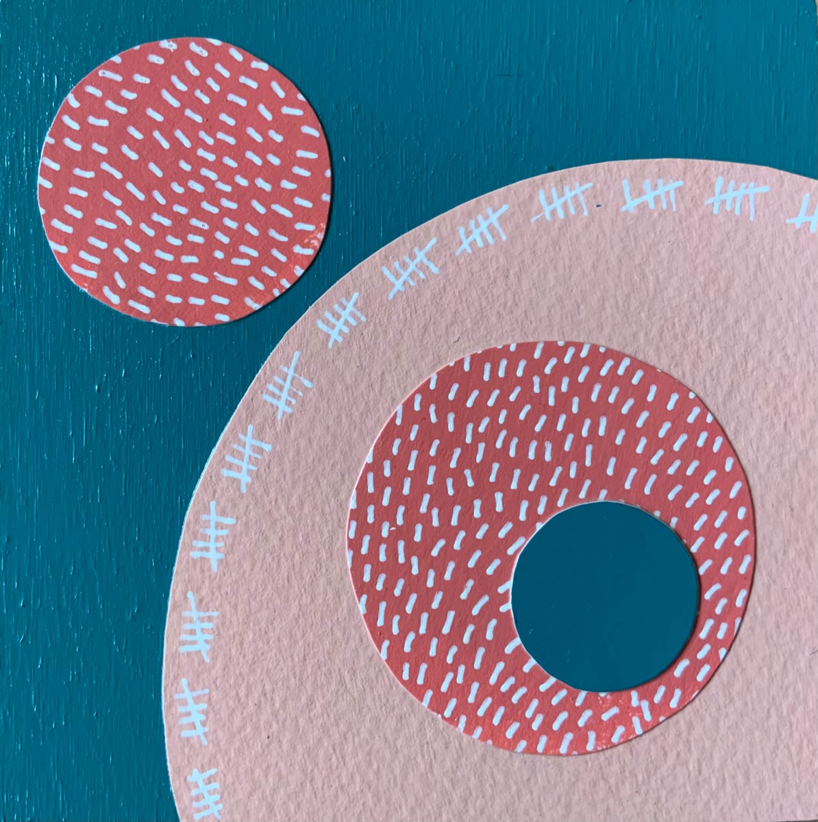Dots 33, Teal + Peach & Salmon Pattern  Image: Dots 33, Teal + Peach & Salmon Pattern | Mini Painting on Wood | Mixed Media | 4 x 4 inches. 
