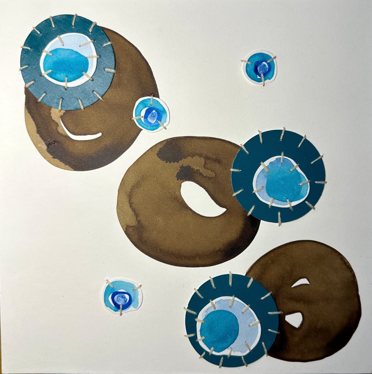 Dots 84, Brown + Teal and Thread by Suzanne Gibbs  Image: Dots 84, Brown + Teal and Thread Painting