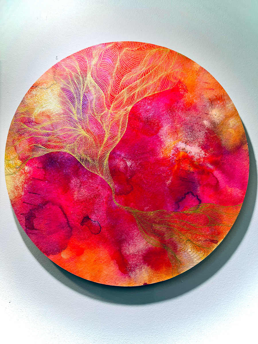 Wonderland #22 by Glenyse Thompson  Image: "Wonderland 22" is a vibrant explosion of color, a joyous celebration of pinks, oranges, magenta, and gold, further enhanced by iridescent hues painted on white handmade paper. The bright palette evokes a sense of playful fantasy and uninhibited joy, inviting the viewer to escape into a realm of pure imagination. The use of iridescent colors adds a shimmering, almost magical quality, suggesting the ephemeral nature of wonder and the transformative power of imagination. The white background provides a clean canvas for these vibrant colors to truly pop, creating a sense of lightness and airiness, as if floating in a dreamlike state.