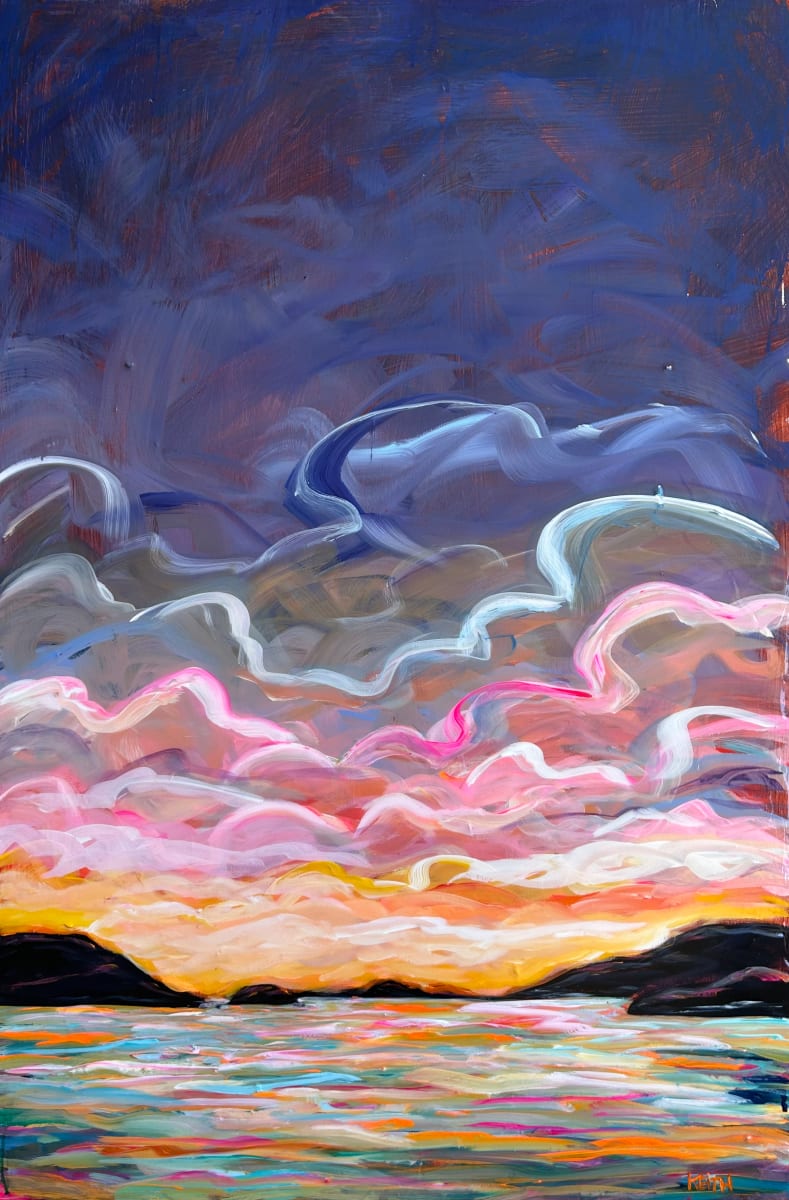 Dusk by Kandice Keith  Image: “Acrylic on wood panel with a glossy finish. This coastal landscape captures the breathtaking sky witnessed from the top deck of the ferry en route to the Sunshine Coast.”