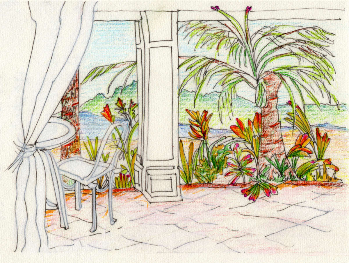 Kauai View - 0n Linen Paper  Image: Kauai View - Ink and colored pencil on linen-weave paper.