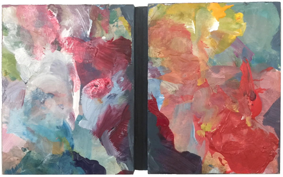 Emotion in Motion by Barbara Jacobs  Image: A small piece with a big view. Lots of color and texture to stimulate the emotions...in motion! Mixed Media with acrylics, on two wood cradles, connected with a strip of wood.