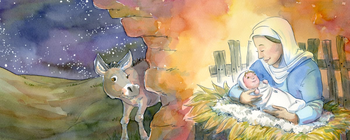 Goodnight Jesus: Donkey sees Mary and Jesus  Image: Illustration, p04-05 from the picture book "Goodnight Jesus" text ©2021Judith Andry, ©2021 Susan Shadt Press  
