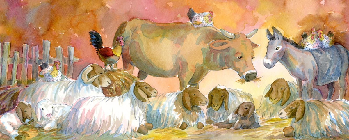 Goodnight Jesus: Animals Go to Sleep  Image: llustration, p22-23 from the picture book "Goodnight Jesus" text ©2021Judith Andry, ©2021 Susan Shadt Press 