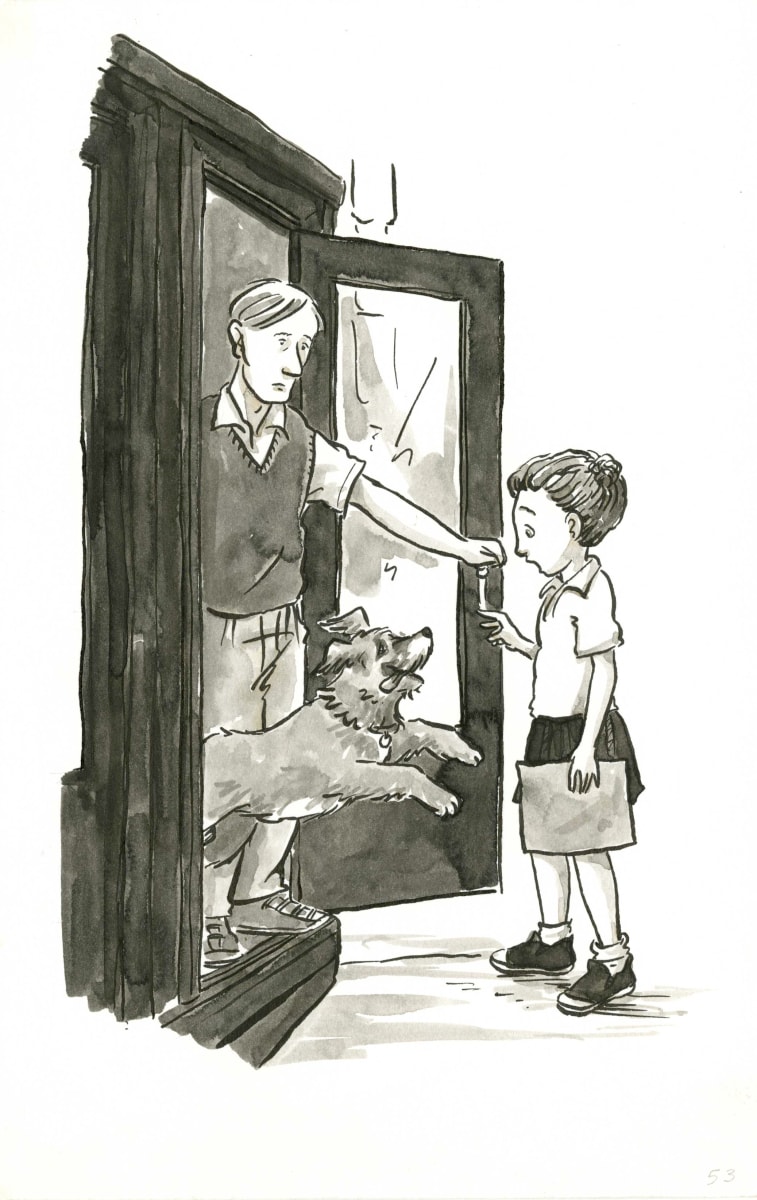 Justine Surprised to See Pavel's Dog  Image: ©Leanne Franson, "Le Chien de Pavel"