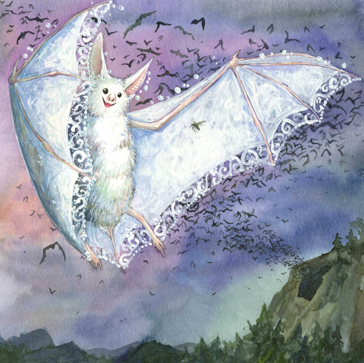 Zelda the too-pretty bat: Flying  Image: illustration, p05 from the picture book "Le chauve-souris qui pleurait d'être trop belle" text ©1999 Chrystine Brouillet ©Les éditions de la courte échelle cropped