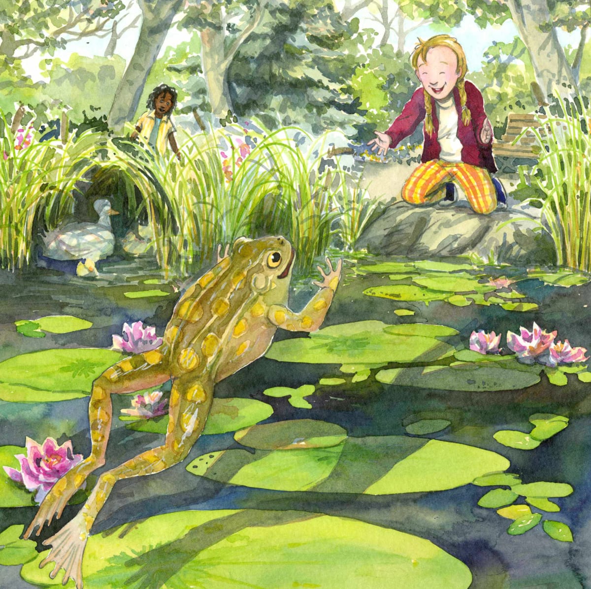 Zelda the too-pretty bat: Frog in the Pond  Image: illustration, p21 from the picture book "Le chauve-souris qui pleurait d'être trop belle" text ©1999 Chrystine Brouillet ©Les éditions de la courte échelle, cropped