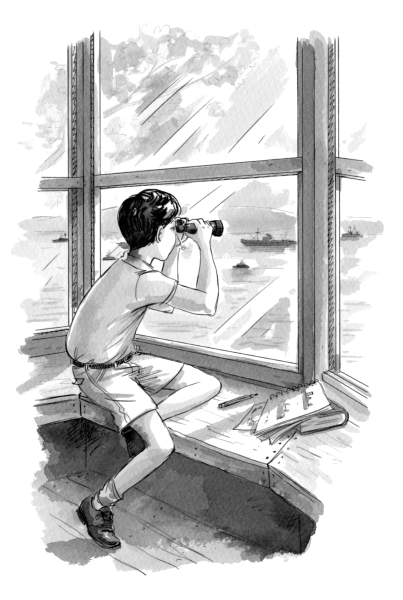 Jerôme et son fantôme: binoculars on the St-Laurent  Image: Illustration from the young adult French language novel "Jérôme et son fantôme" ©2015 Sylvie Brien, Dominique et Compagnie (p. 24) cropped to main image