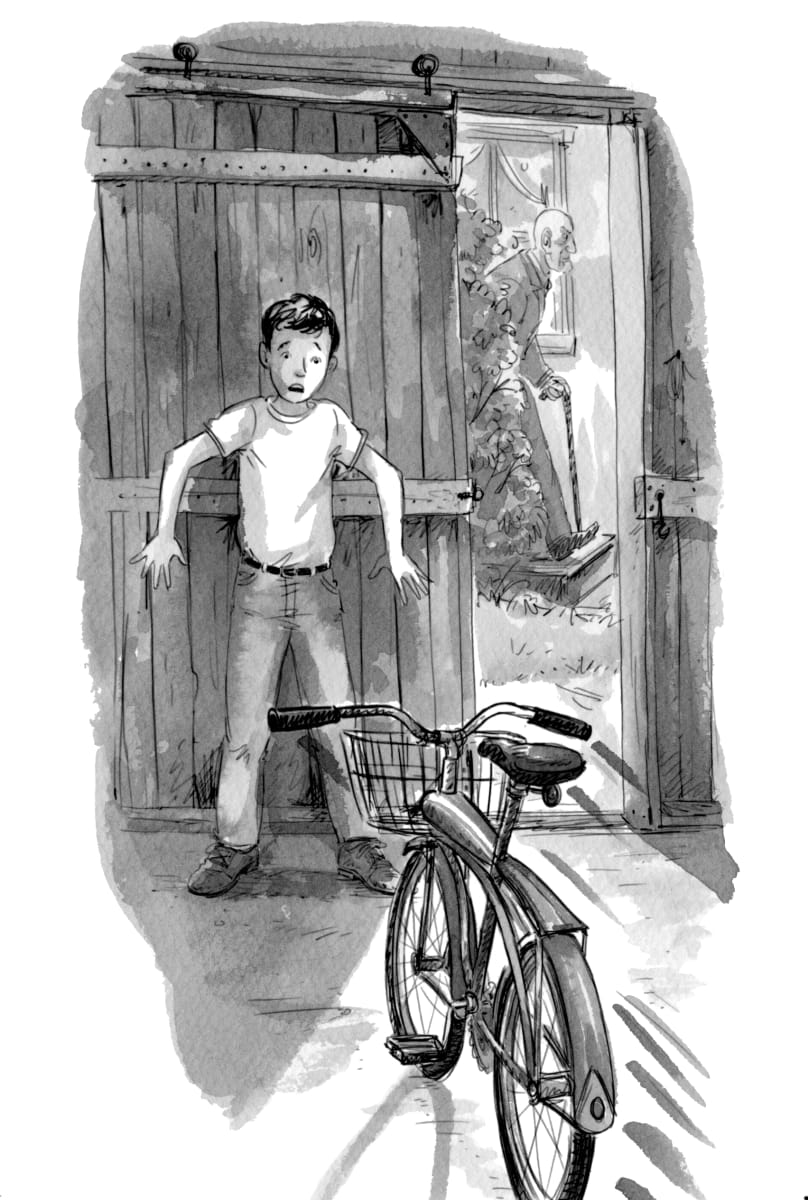 Jerôme et son fantôme: ghost bicycle  Image: Illustration from the young adult French language novel "Jérôme et son fantôme" ©2015 Sylvie Brien, Dominique et Compagnie (p. 55) cropped to visible image