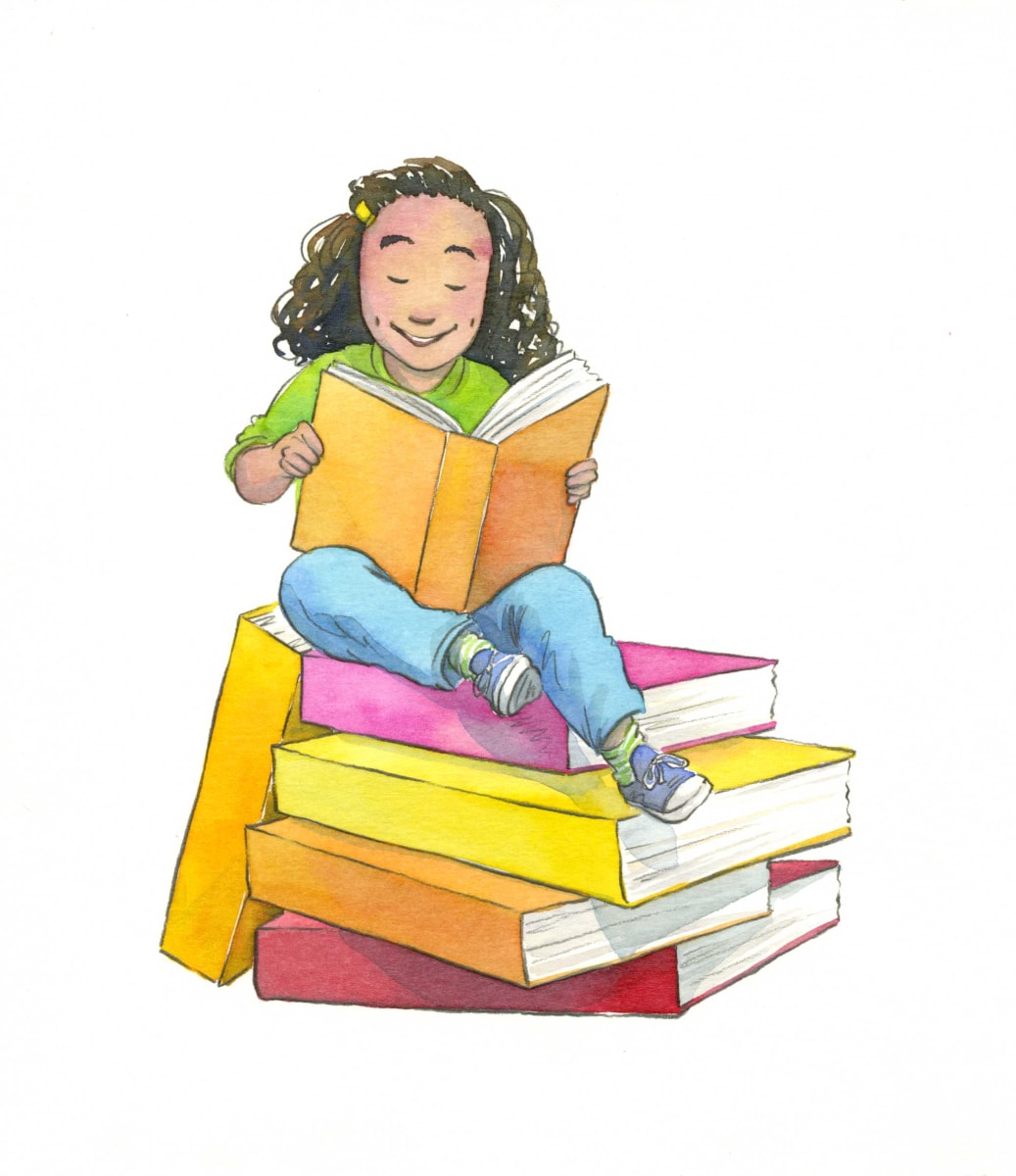 Girl Sitting on Stack of Books  Image: Cover illustration for teaching management kit, Scholastic Teaching Resources ©Leanne Franson